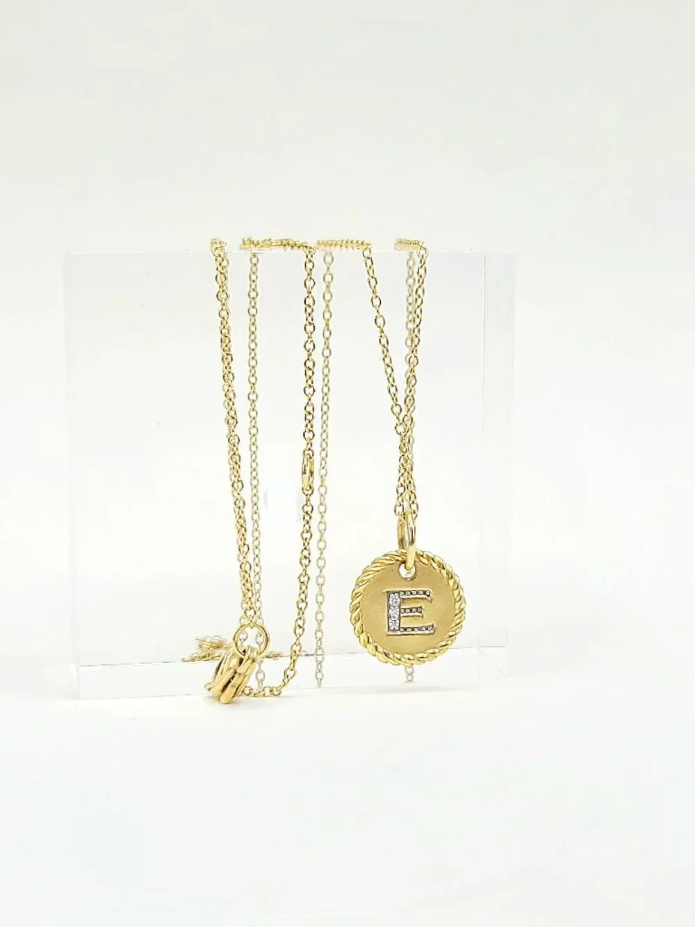 David Yurman Initial E Charm Necklace in 18K Yellow Gold w/ Diamonds - 19
